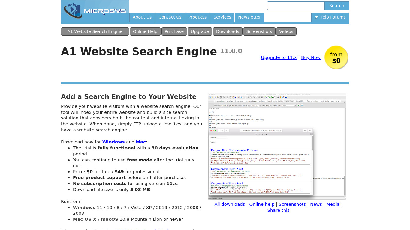 A1 Website Search Engine Landing page