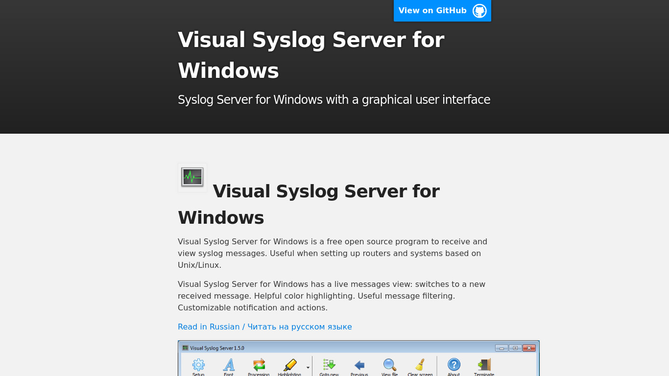 Visual Syslog Server Landing page