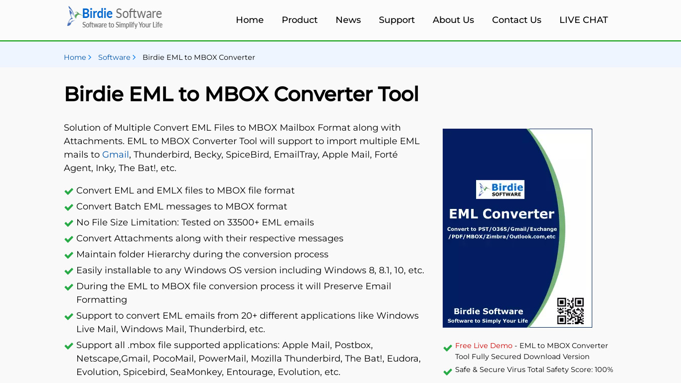 Birdie EML to MBOX Converter Landing page