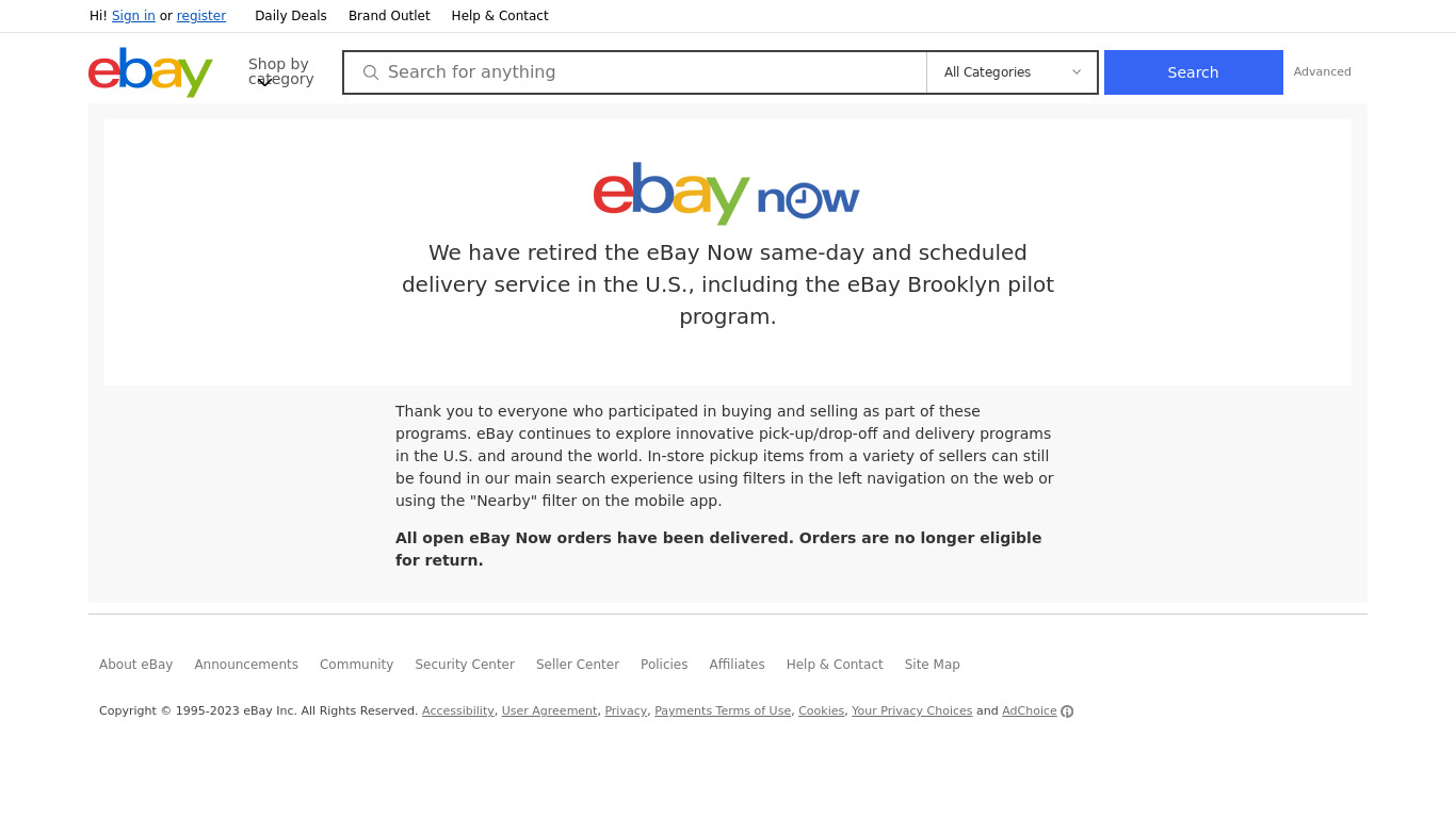 eBay Now Landing page