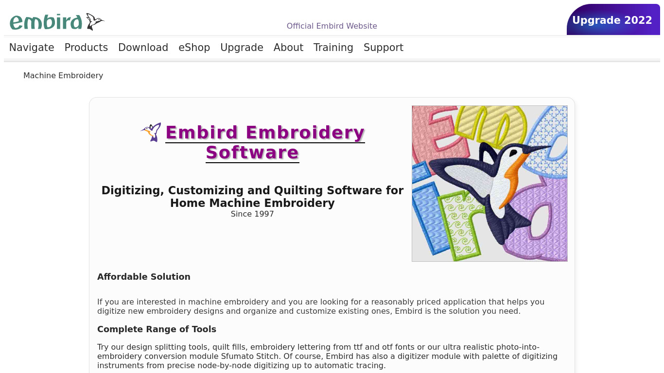 Embird Landing page