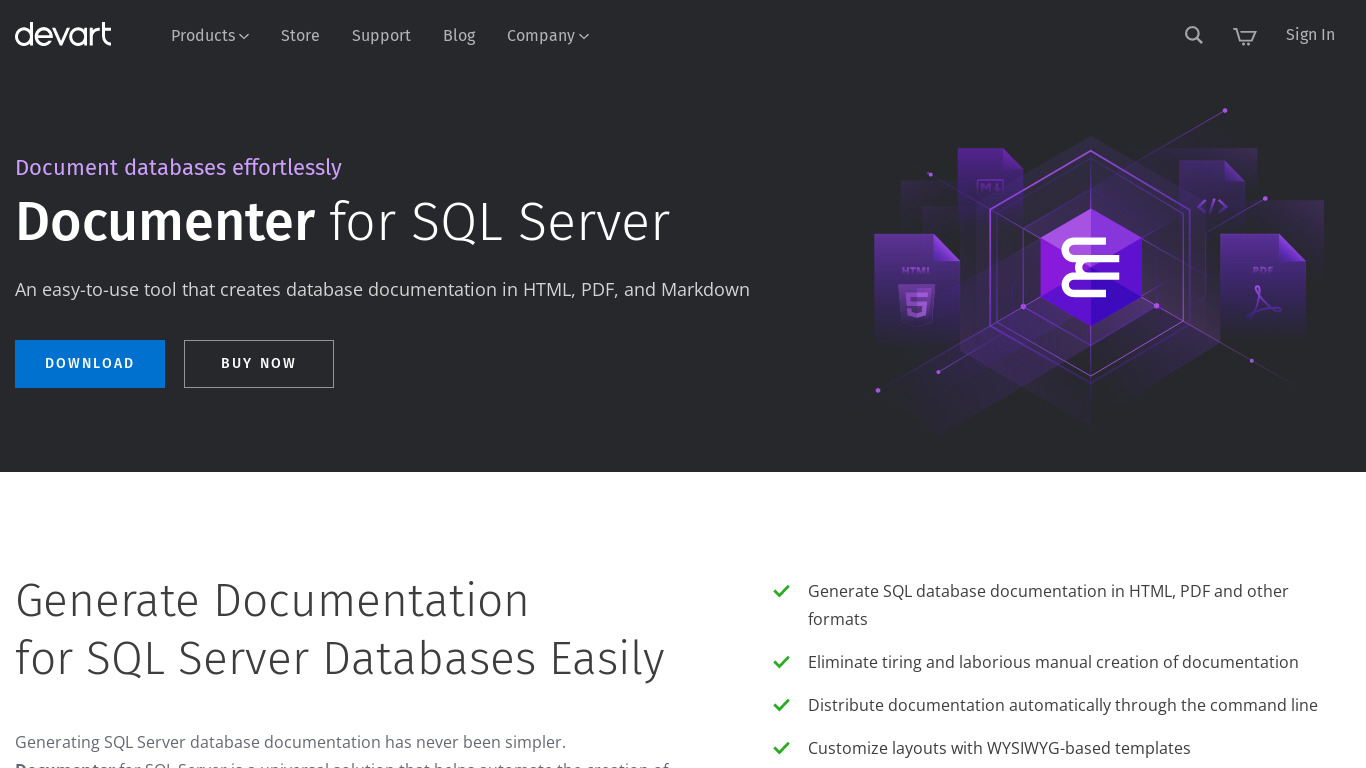 dbForge Documenter for SQL Server Landing page
