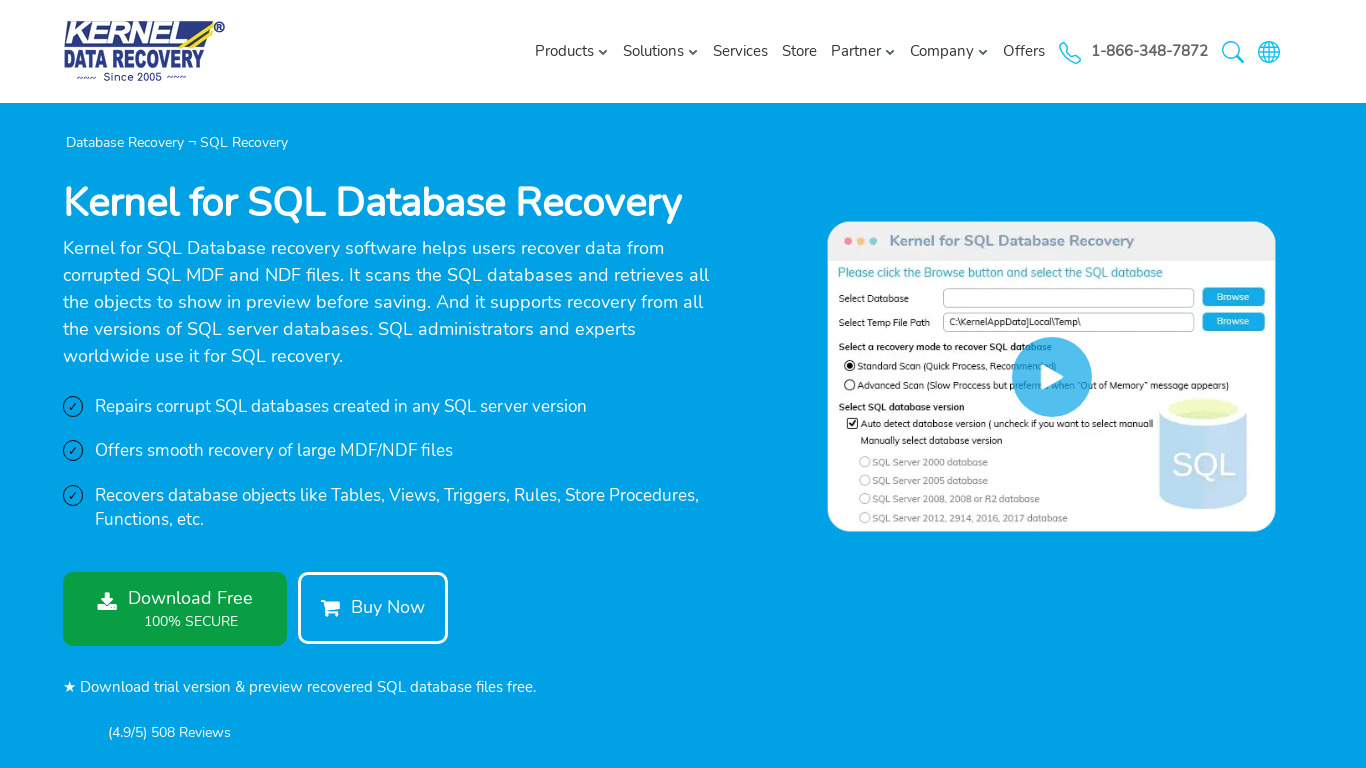 Kernel for SQL Database Recovery Landing page