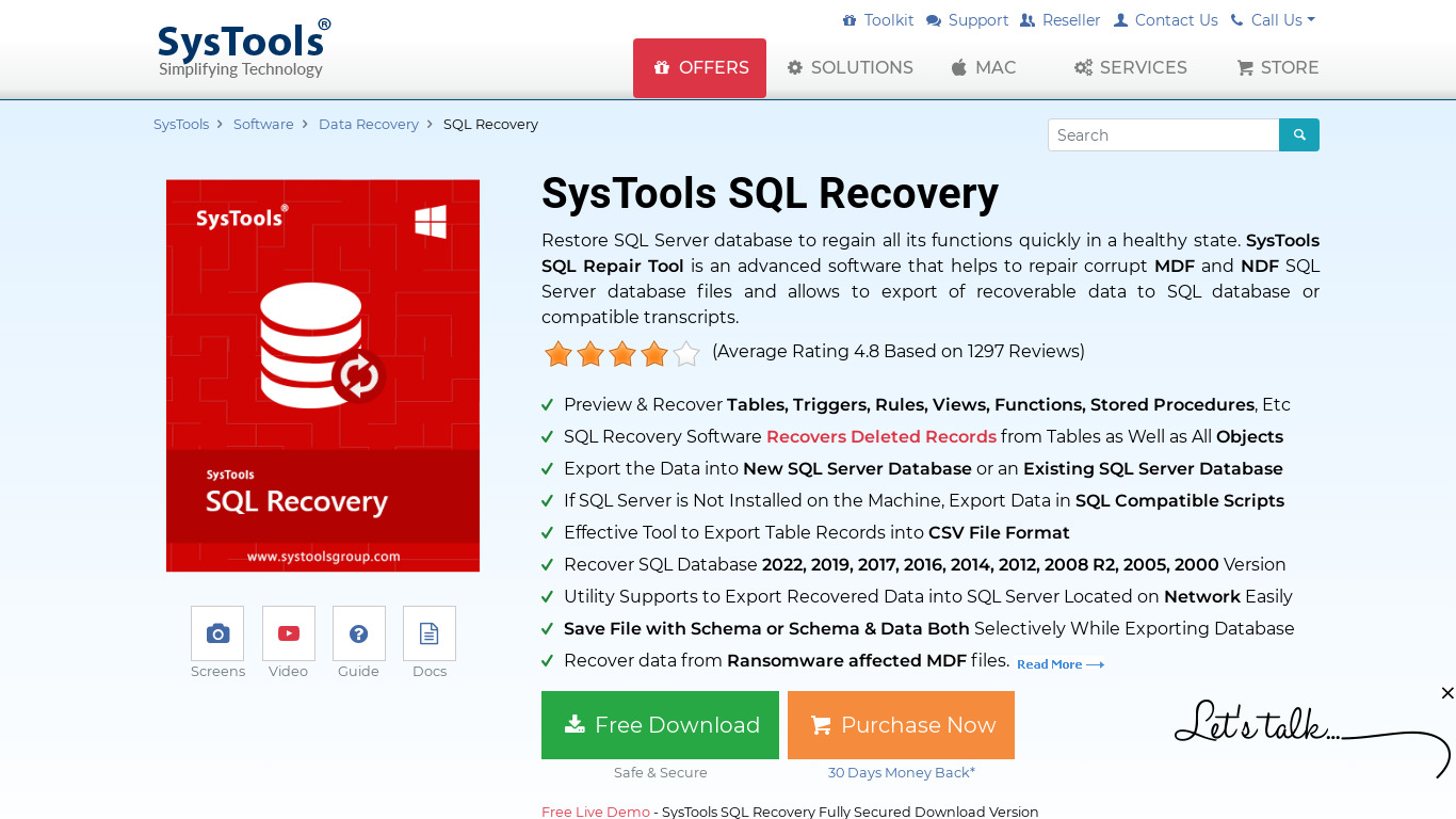 SysTools SQL Recovery Landing page