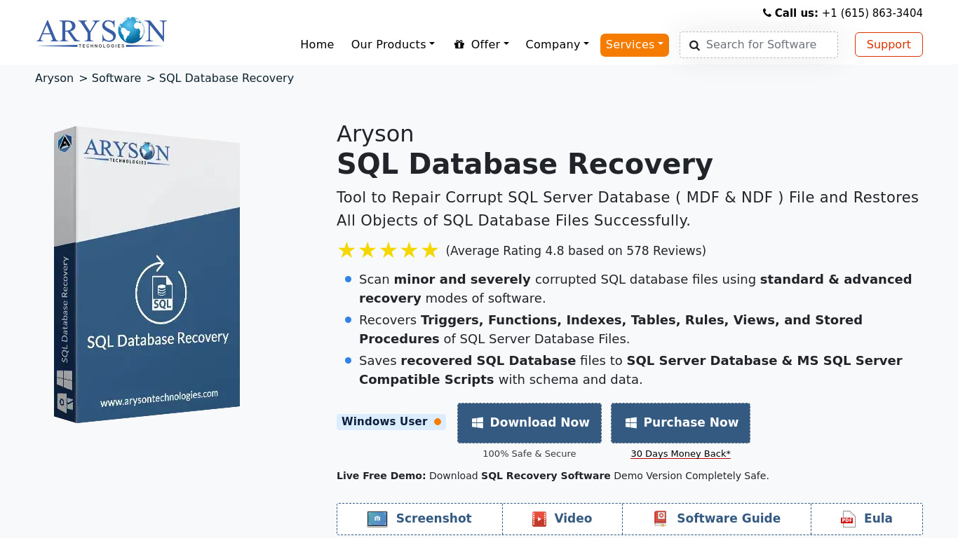 Aryson SQL Database Recovery Landing page