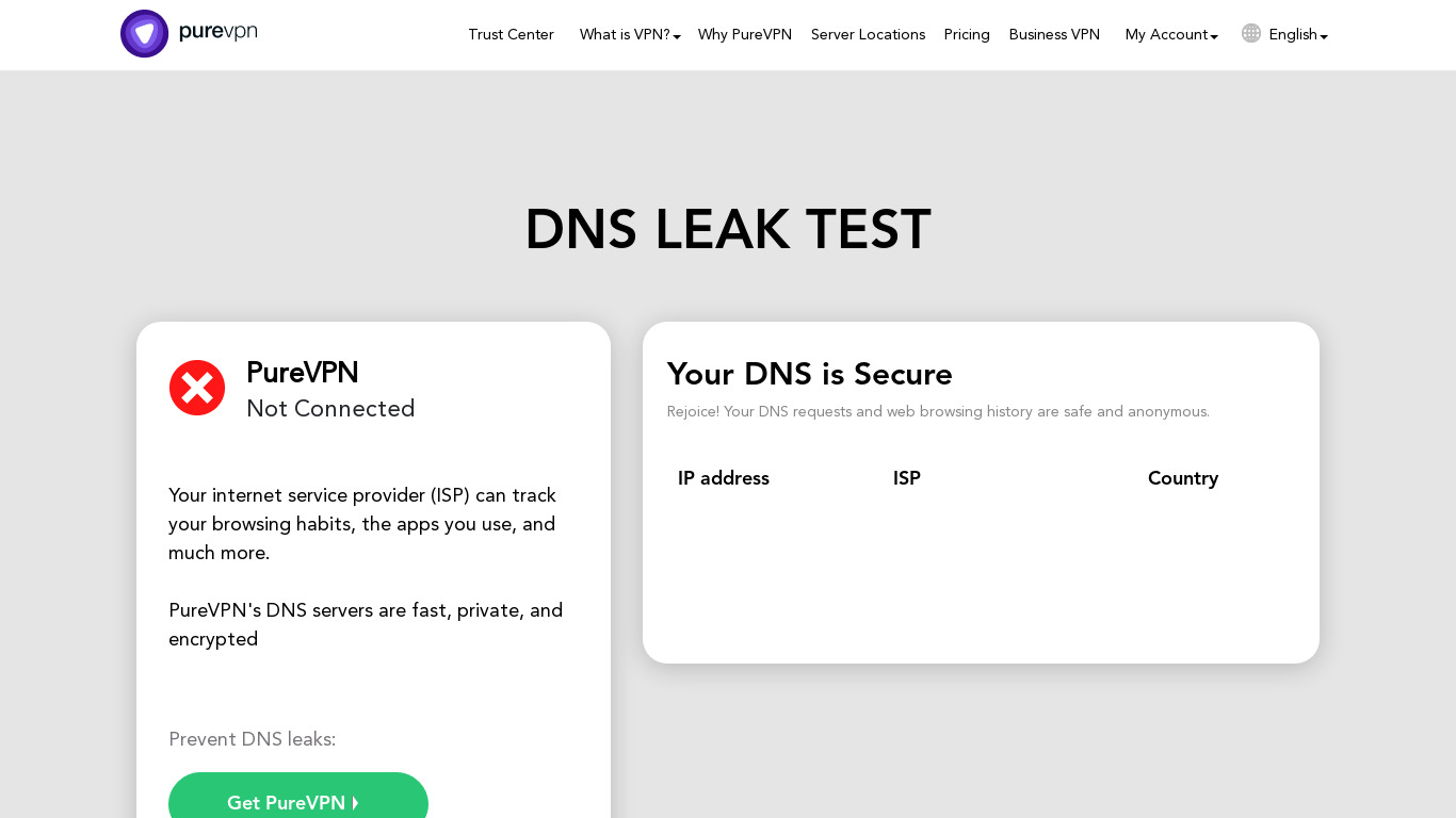 DNS Leak Test - PureVPN Landing page