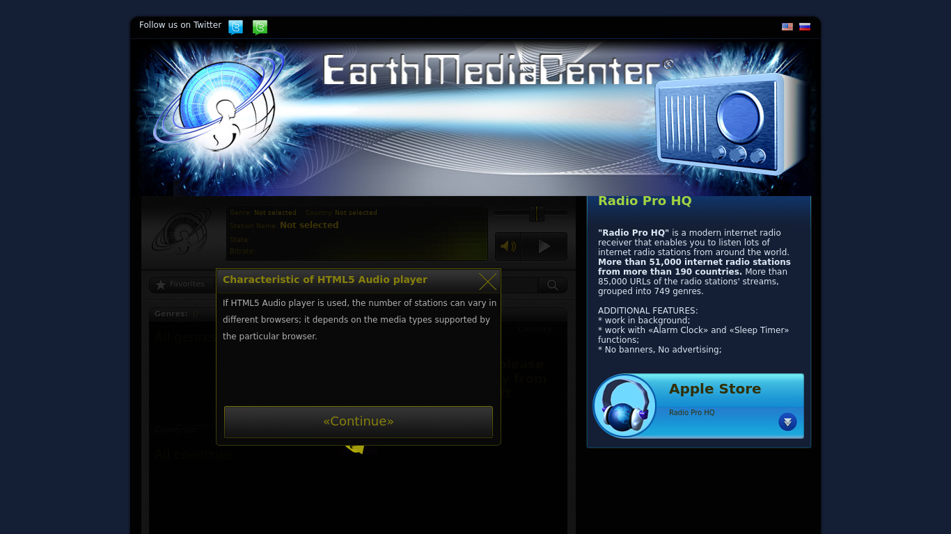 EarthMediaCenter Radio Landing page