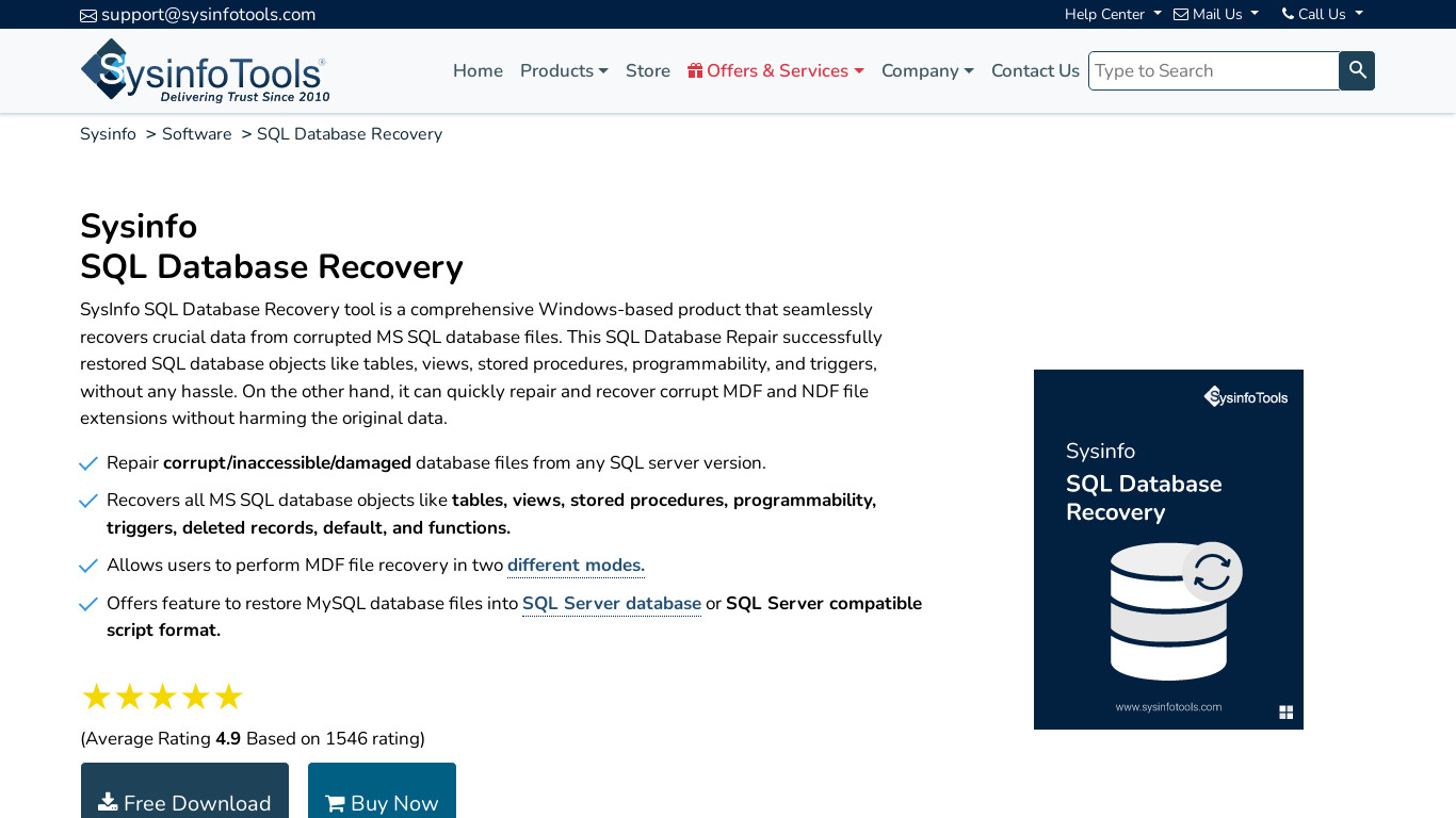SysInfoTools SQL Database Recovery Software Landing page