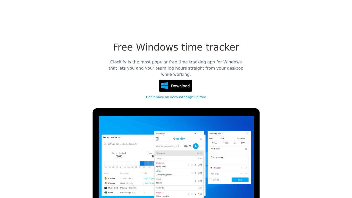 Clockify for Windows Landing page
