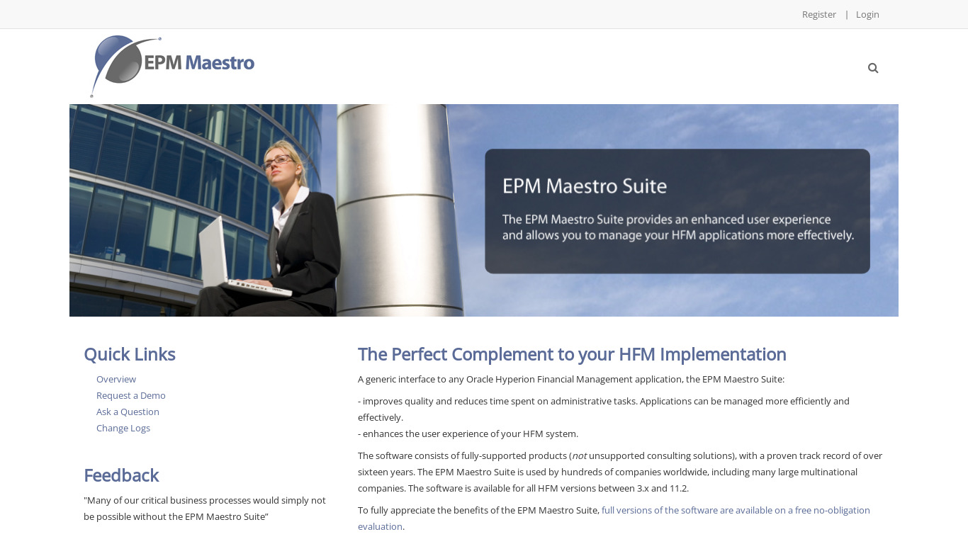 EPM Maestro Suite Landing page