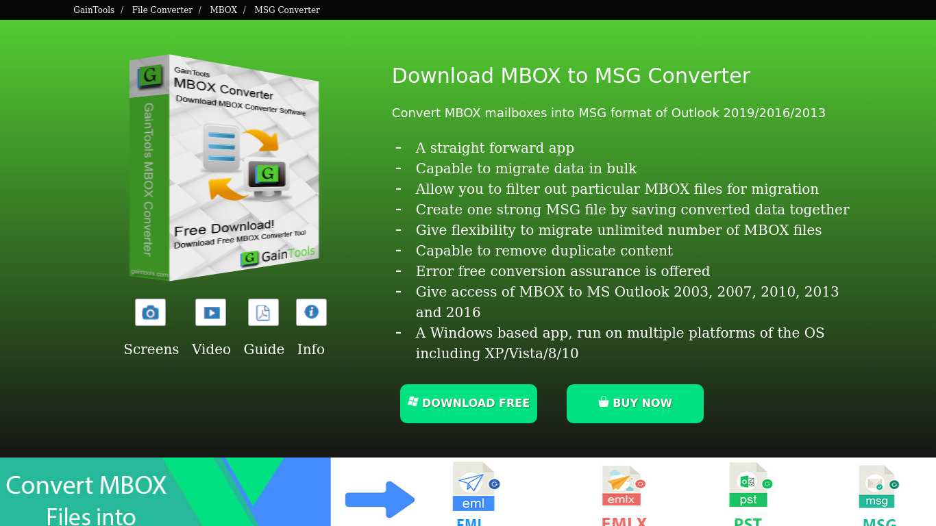 GainTools MBOX to MSG Converter Landing page