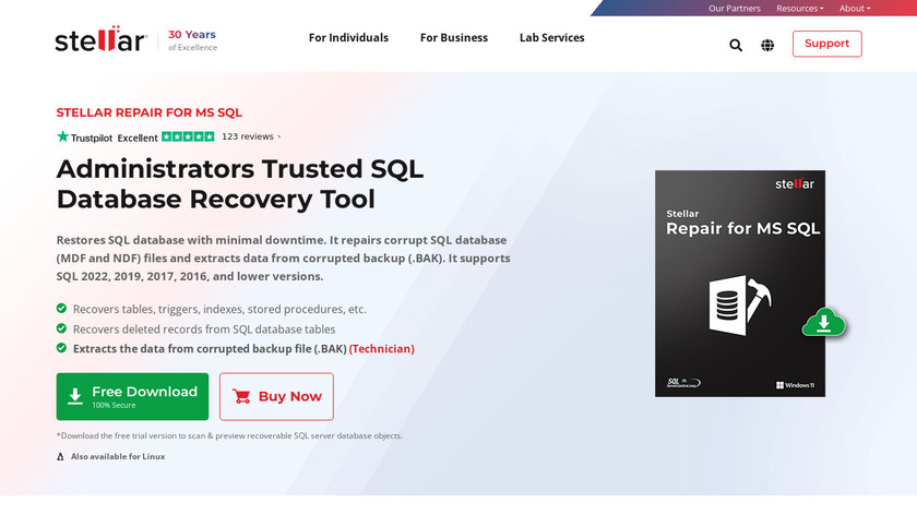 Stellar SQL Database Repair Landing Page