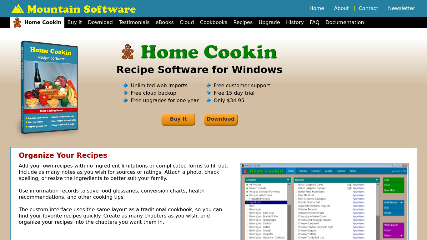 Home Cookin Recipe Software Landing page