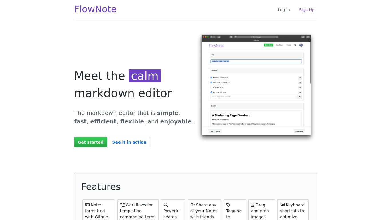 FlowNote note manager Landing page