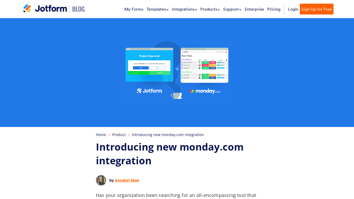 JotForm + monday.com Integration Landing page