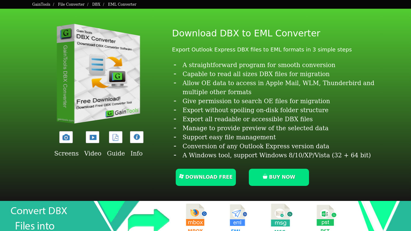 GainTools DBX to EML Converter Landing page