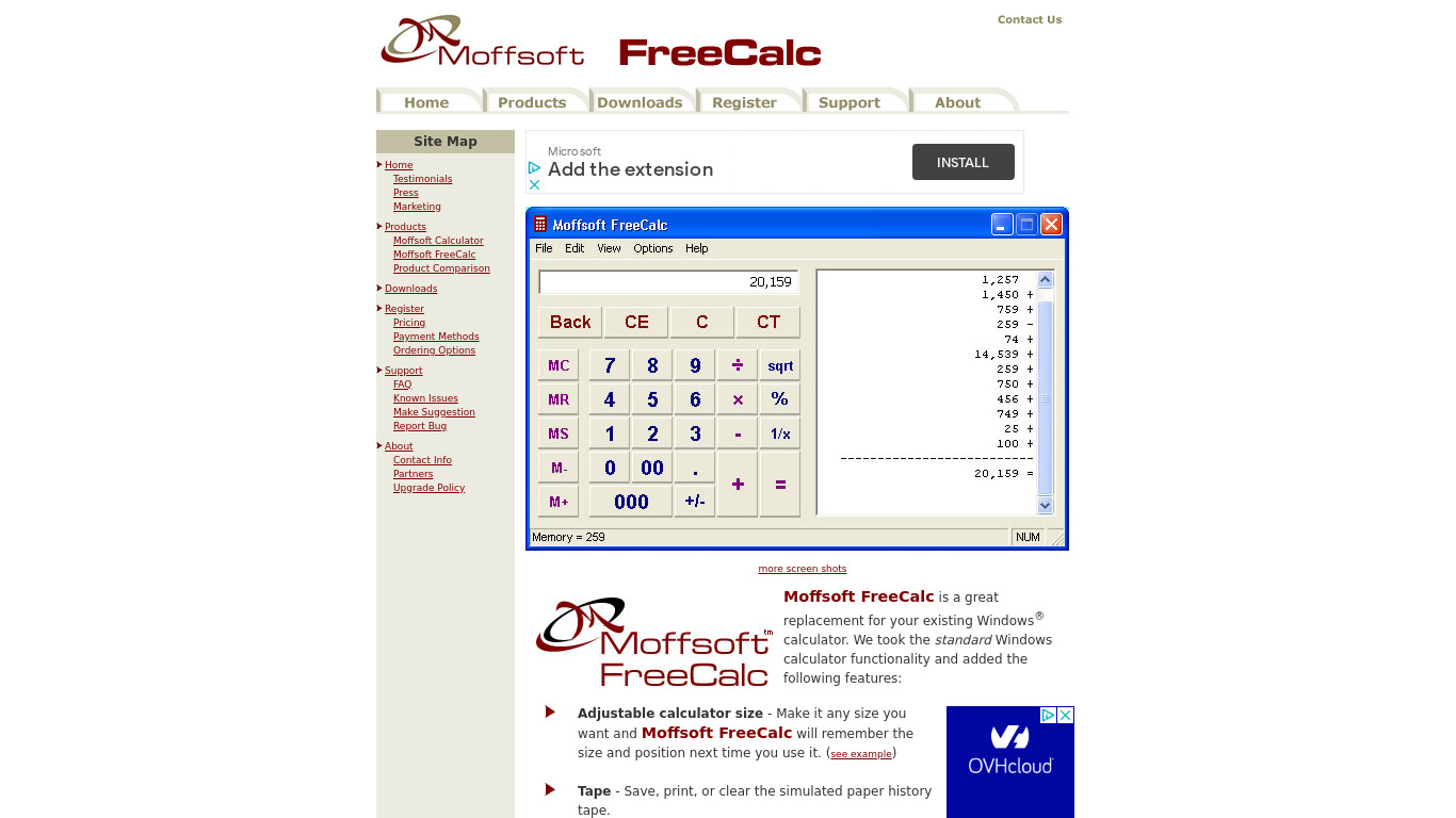 Moffsoft FreeCalc Landing page