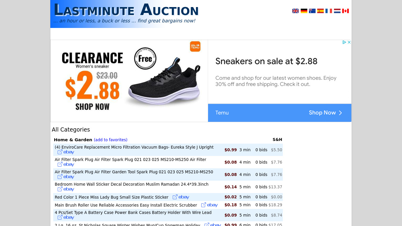 Lastminute Auction Landing page