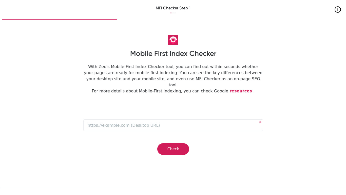 Mobile First Index Checker Landing page