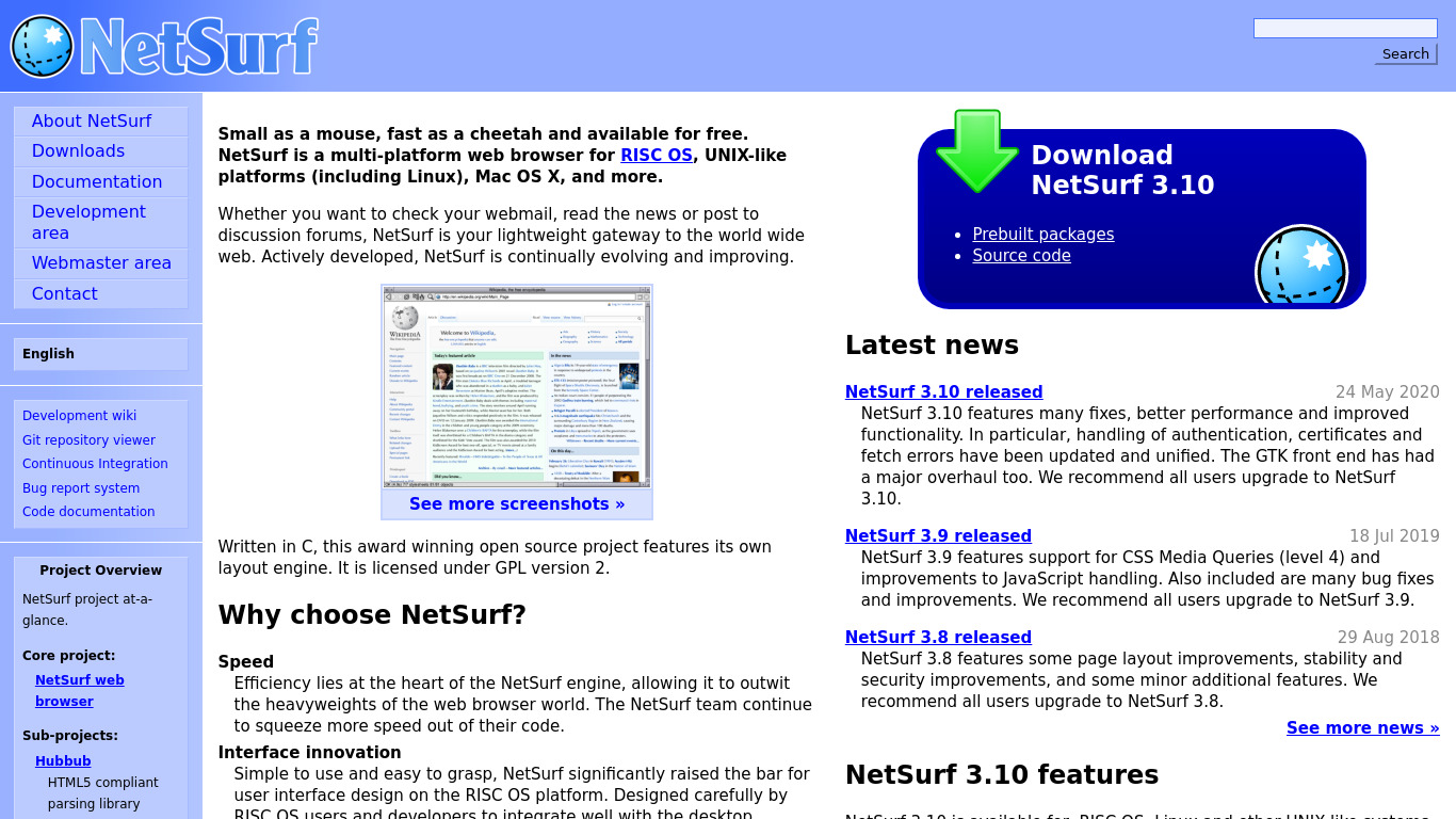 NetSurf Landing page