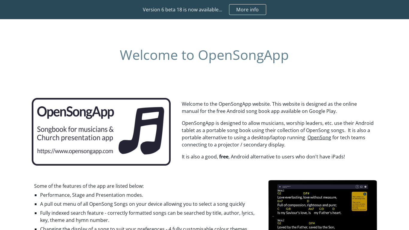 OpenSongApp Landing page