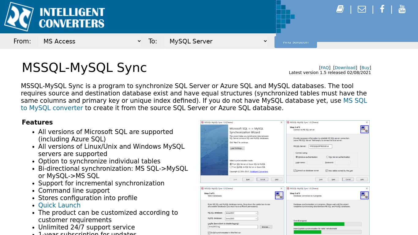 Intelligent Converters MSSQL-MySQL Sync Landing page