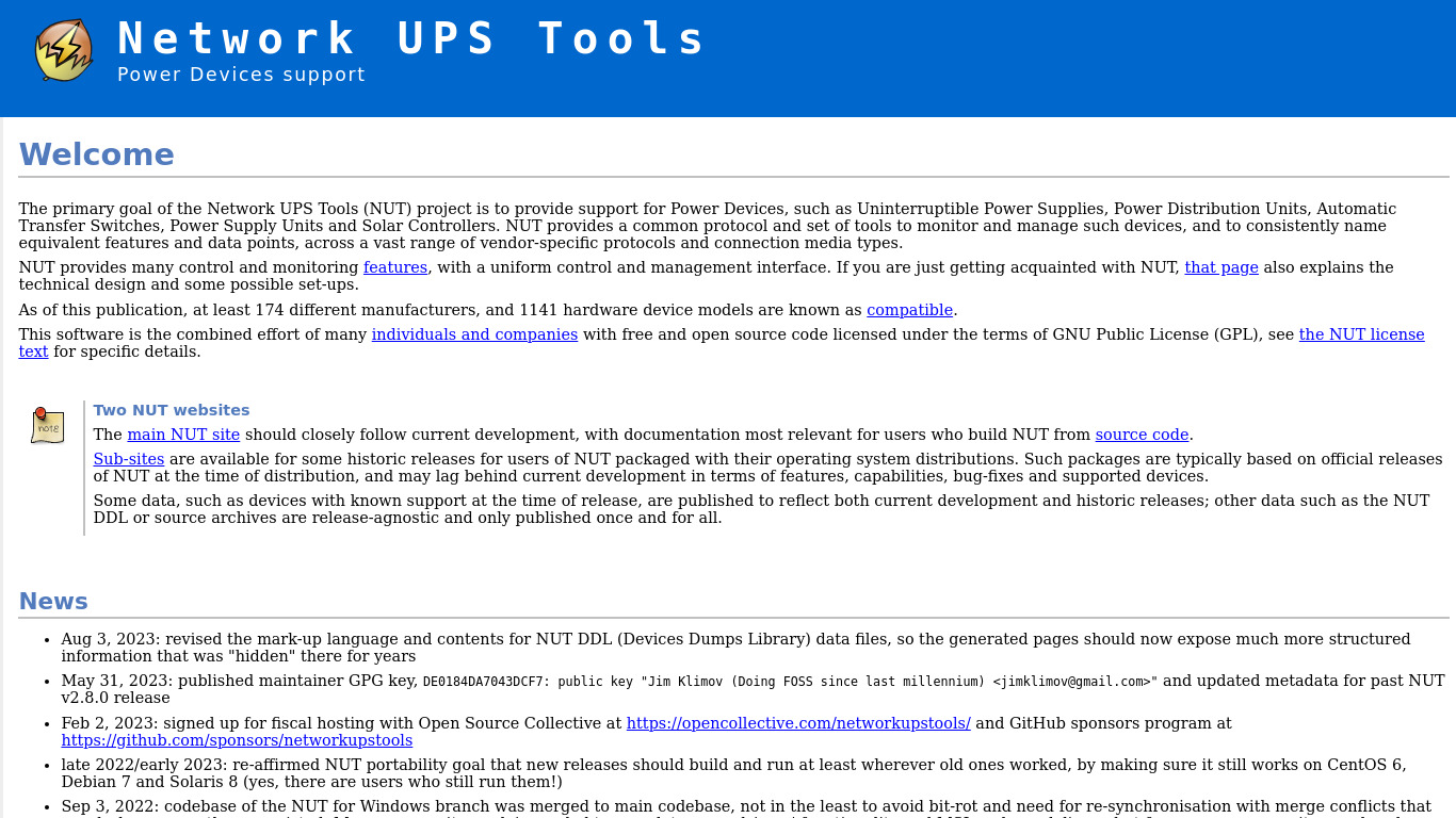 Network UPS Tools Landing page