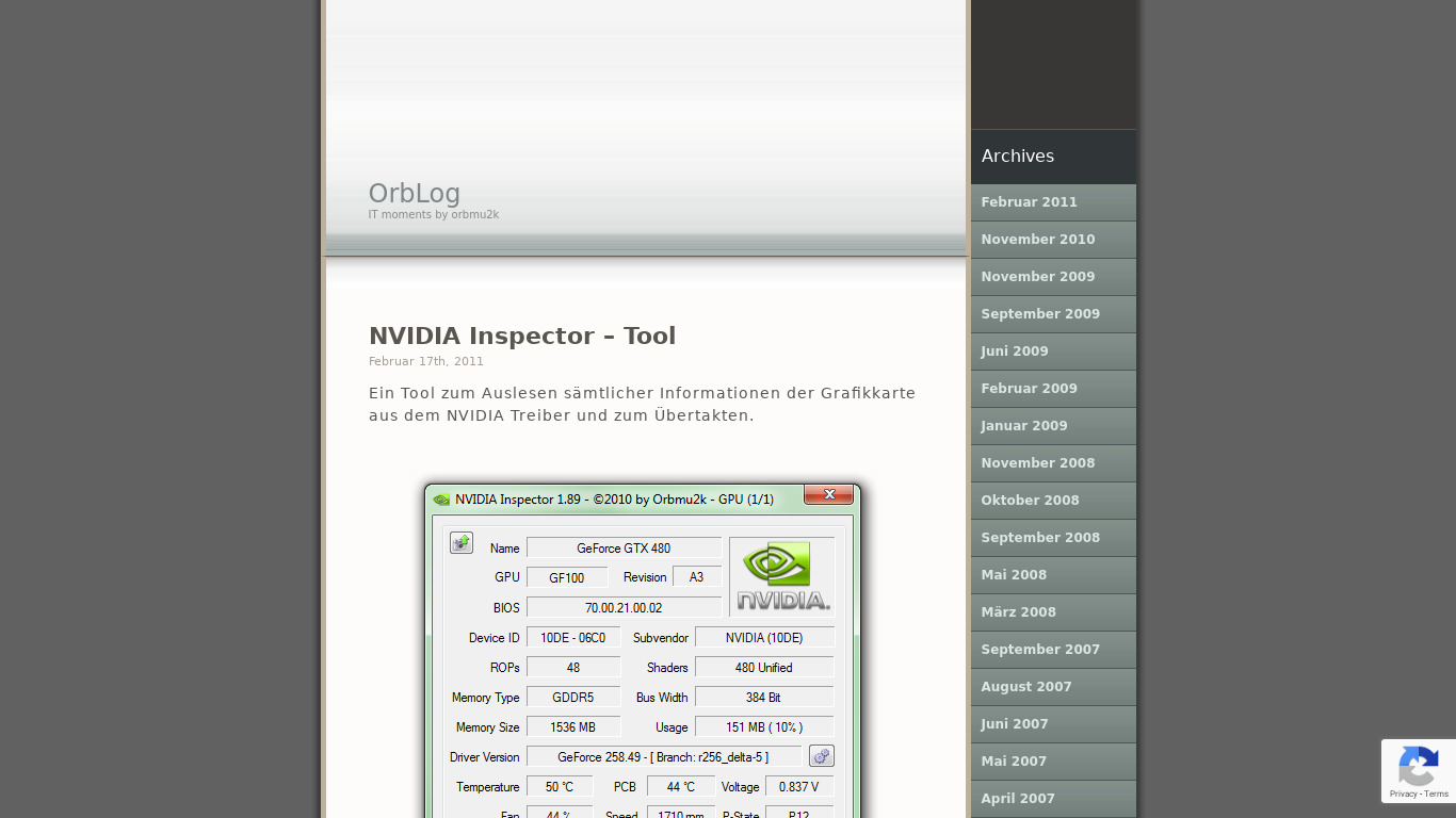 NVIDIA Inspector Landing page