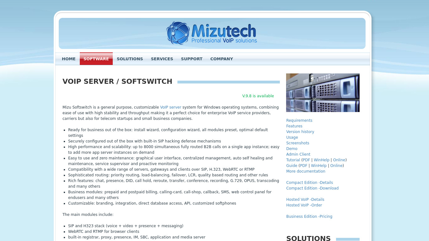 Mizutech VoIP Server Landing page