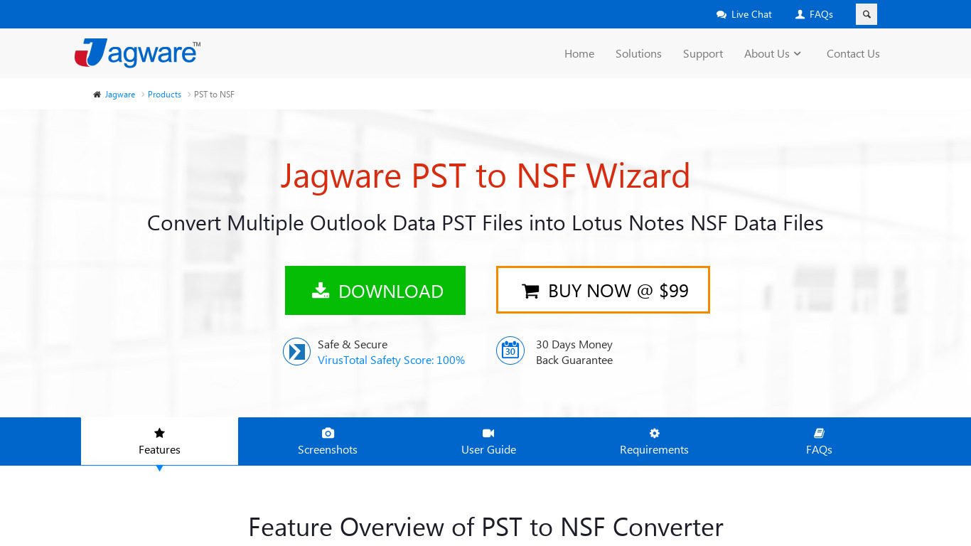 Jagware PST to NSF Wizard Landing page