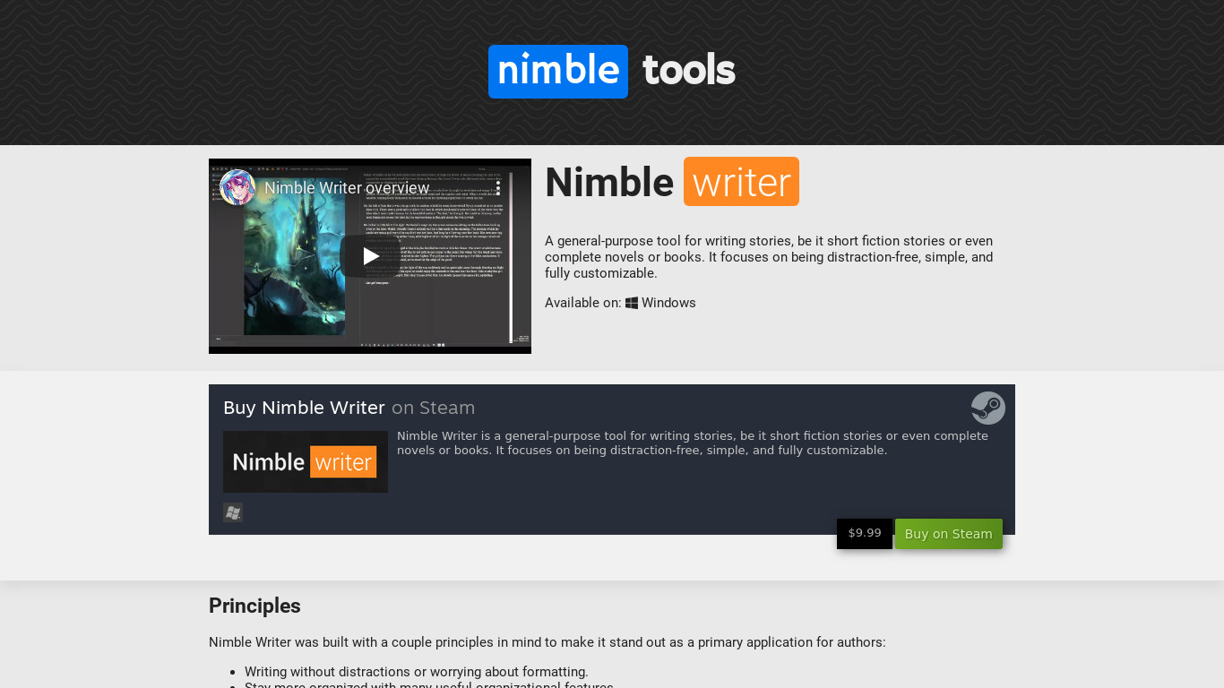 Nimble Writer Landing page