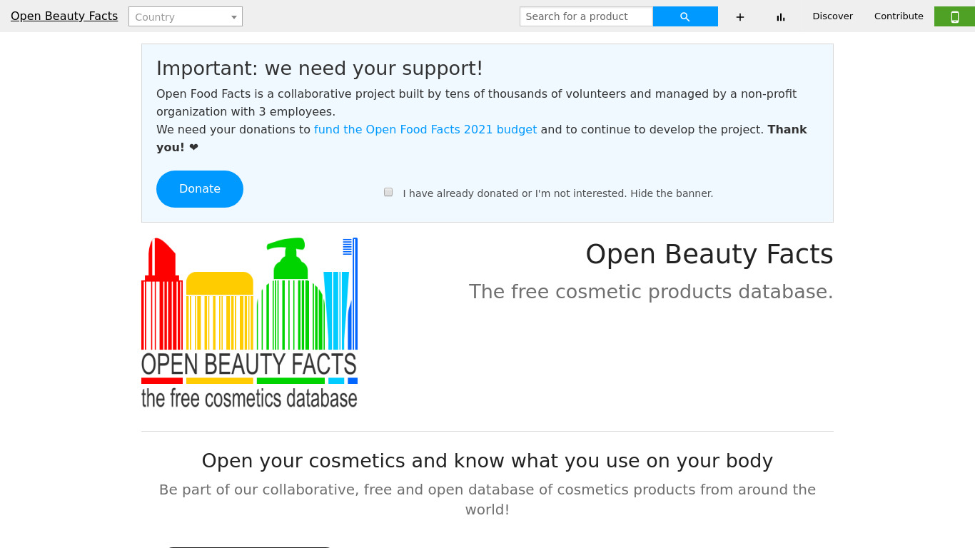 Open Beauty Facts Landing page
