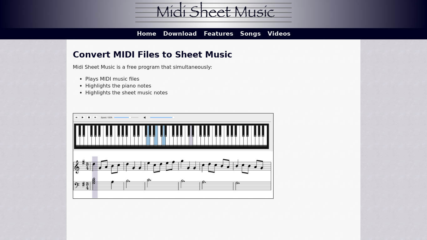 Midi Sheet Music Landing page