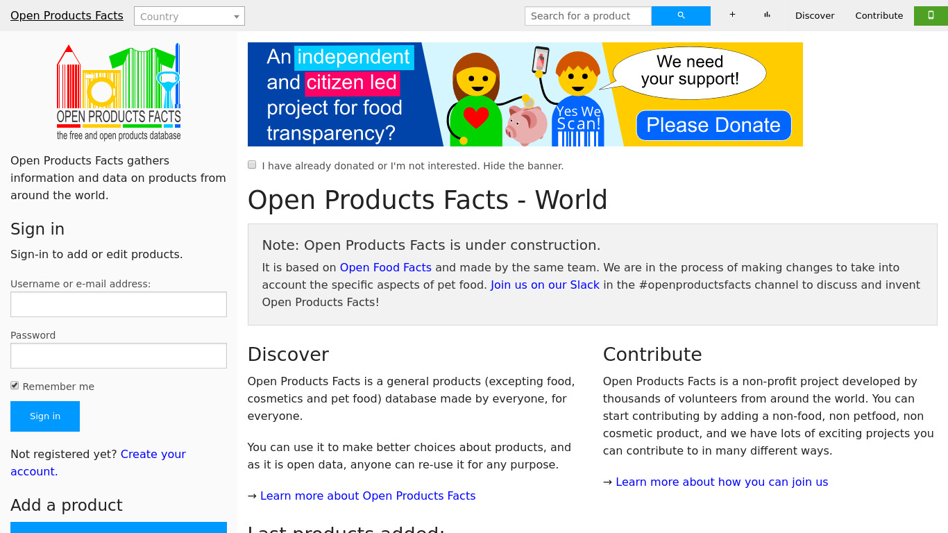 Open Products Facts Landing page