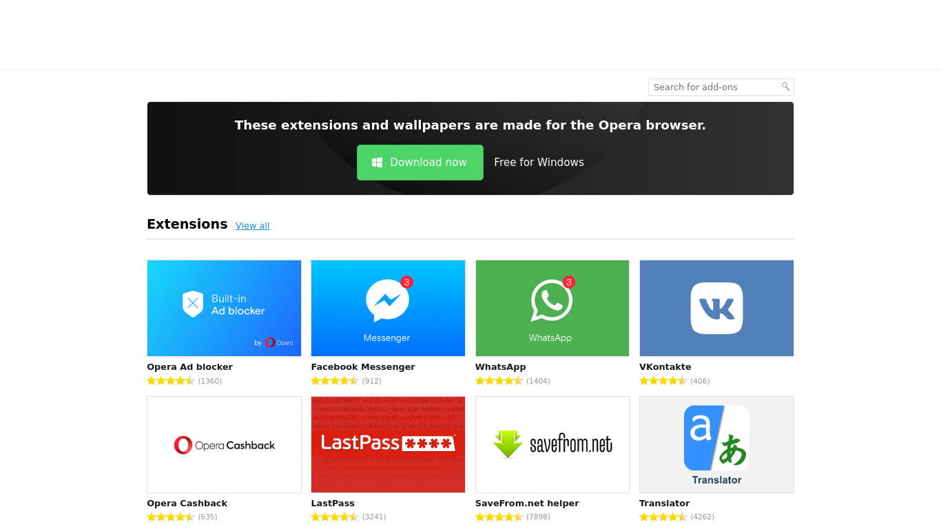 Opera Add-ons Landing page