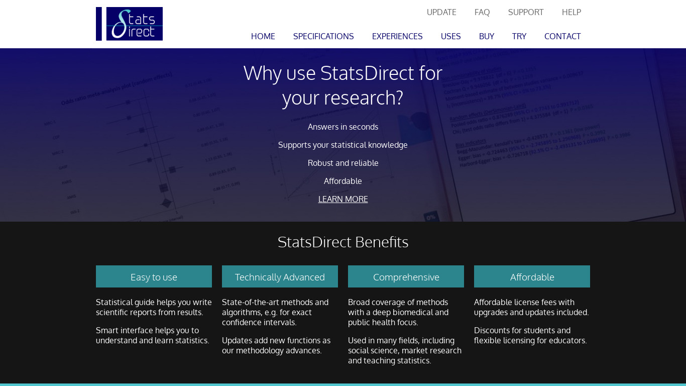 StatsDirect Landing page