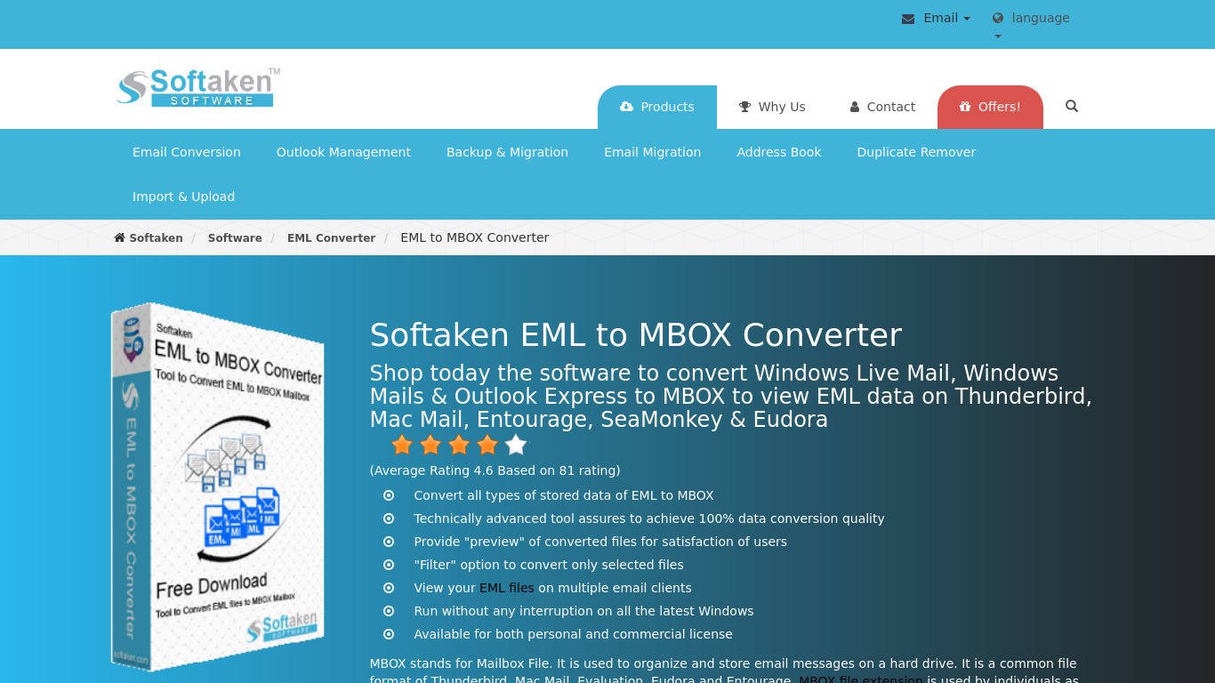 Softaken EML to MBOX Converter Landing page