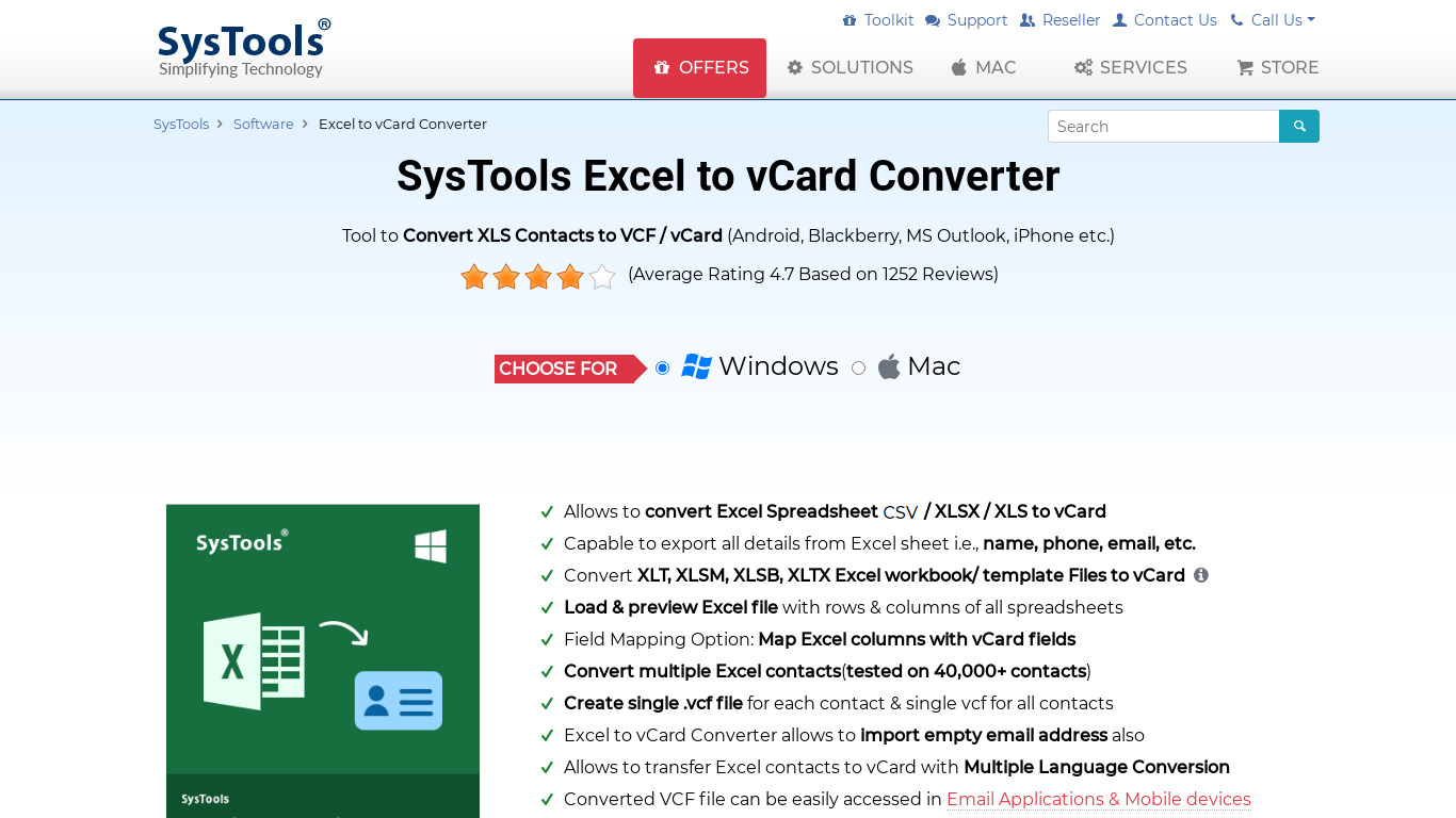 SysTools Excel to vCard Converter Landing page