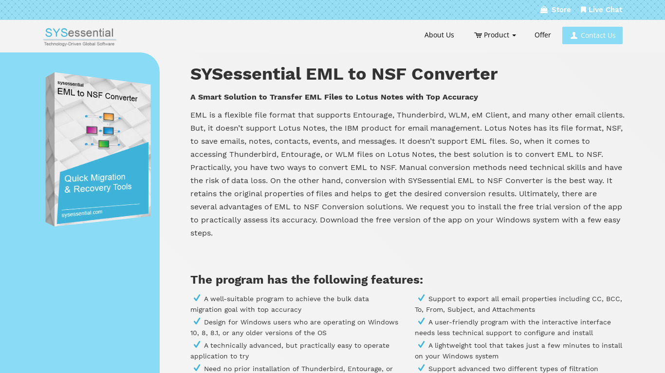 SYSessential EML to NSF Converter Landing page