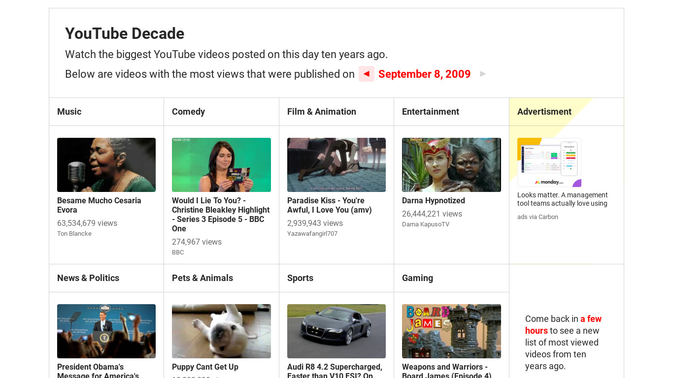 YouTube Decade Landing page