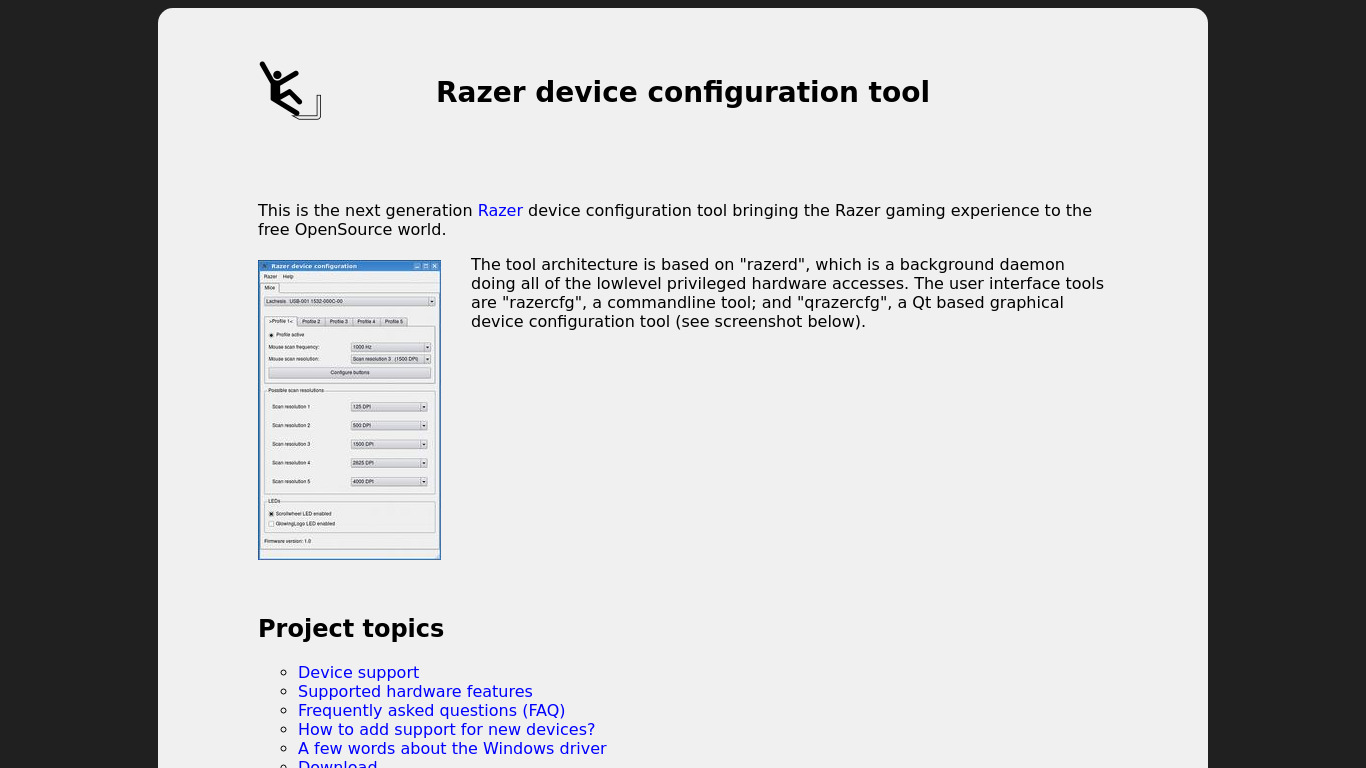 Razer device configuration tool Landing page