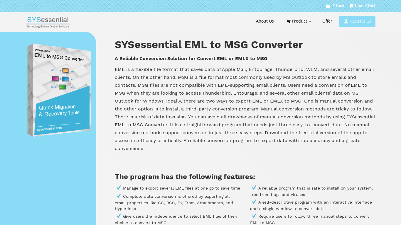 SYSessential EML to MSG Converter Landing page