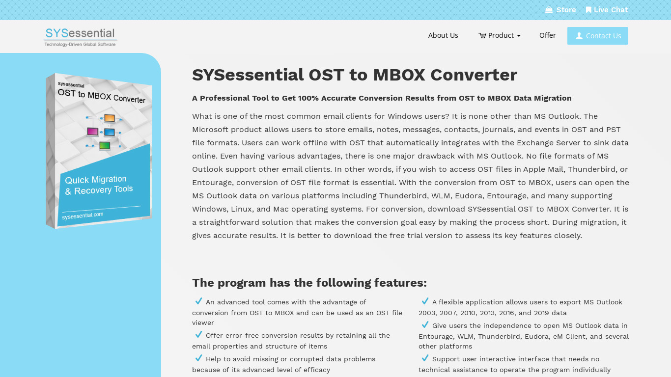 SYSessential OST to MBOX Converter Landing page