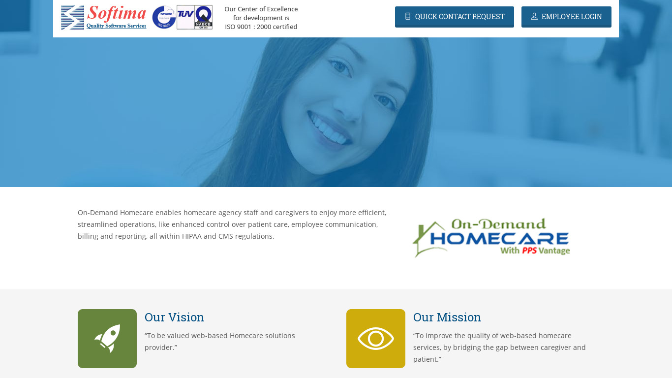 Softima On Demand Homecare Landing page