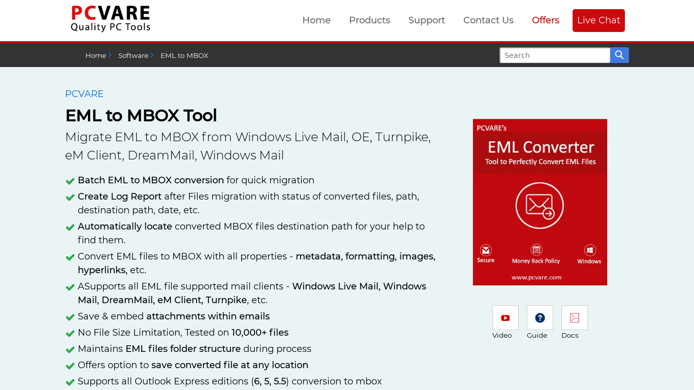 PCVARE EML to MBOX Converter Landing page
