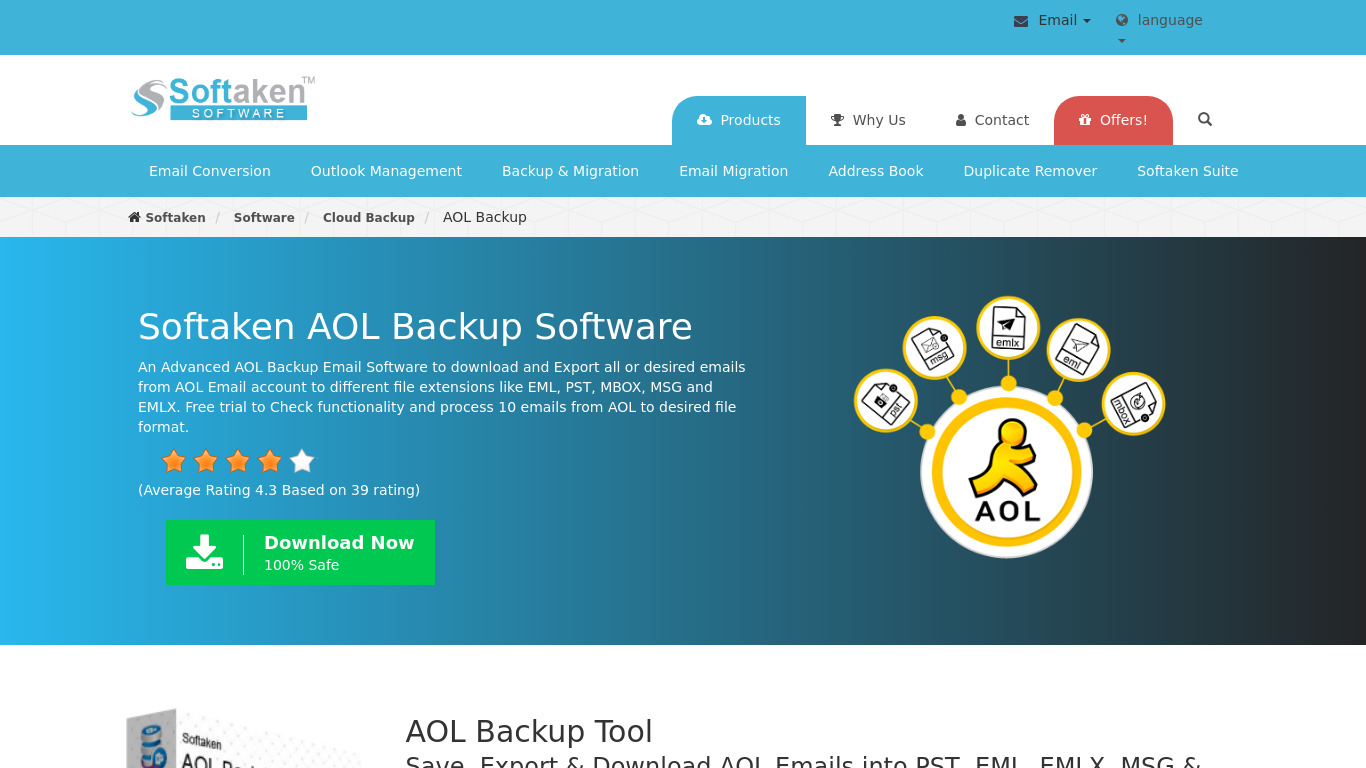 Softaken AOL Backup Landing page