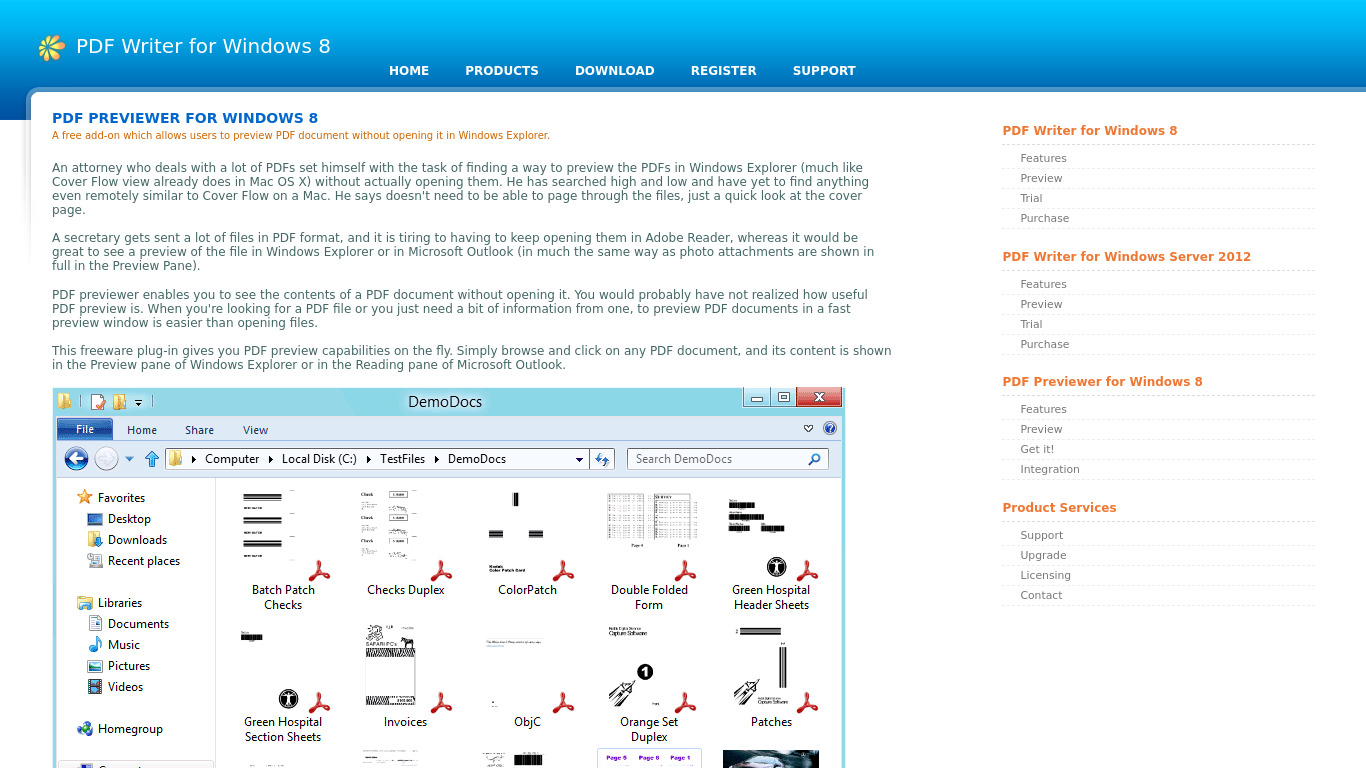 PDF Previewer for Windows 8 Landing page