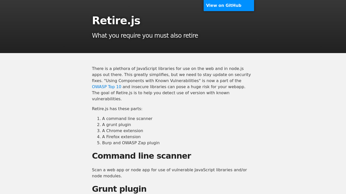 Retire.js Landing page