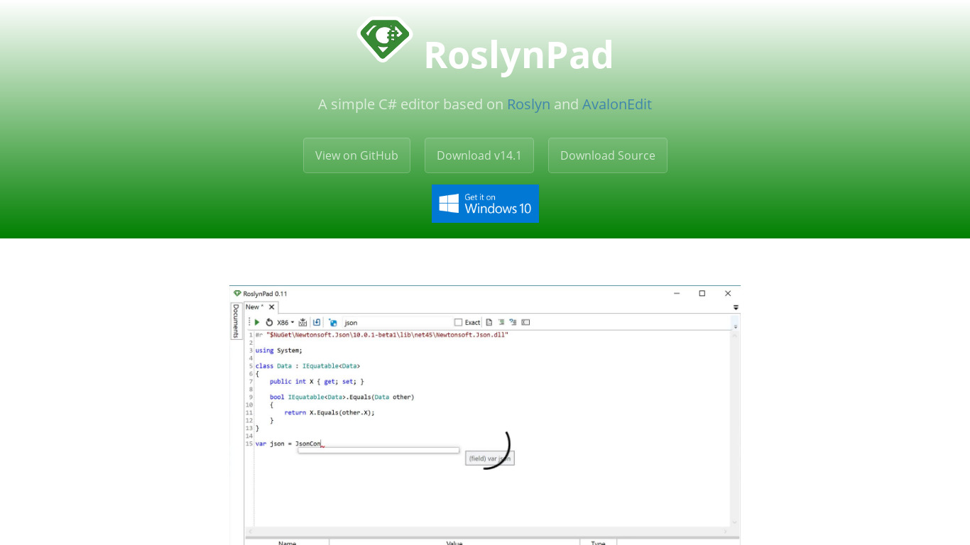 RoslynPad.net Landing page