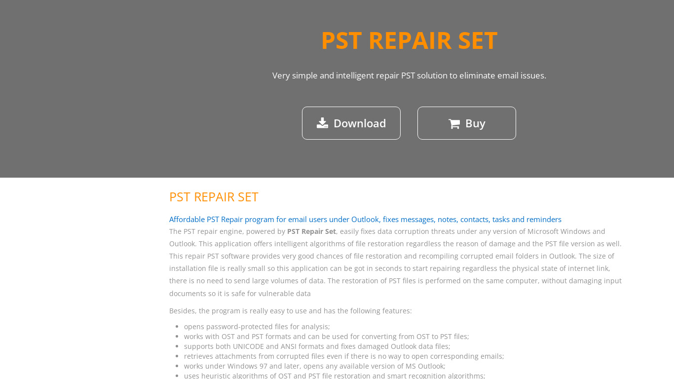 PST Repair Set Landing page